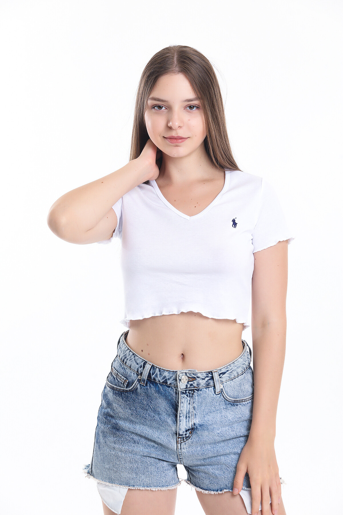 V Yaka Kolu ve Eteği Büzgülü Crop Bluz