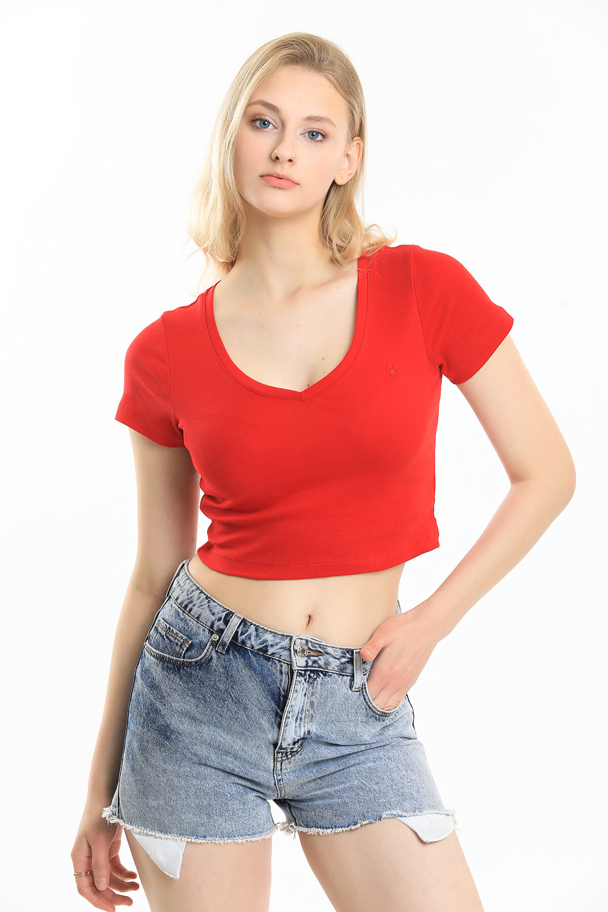 V Yaka Nakış Detaylı Crop Bluz