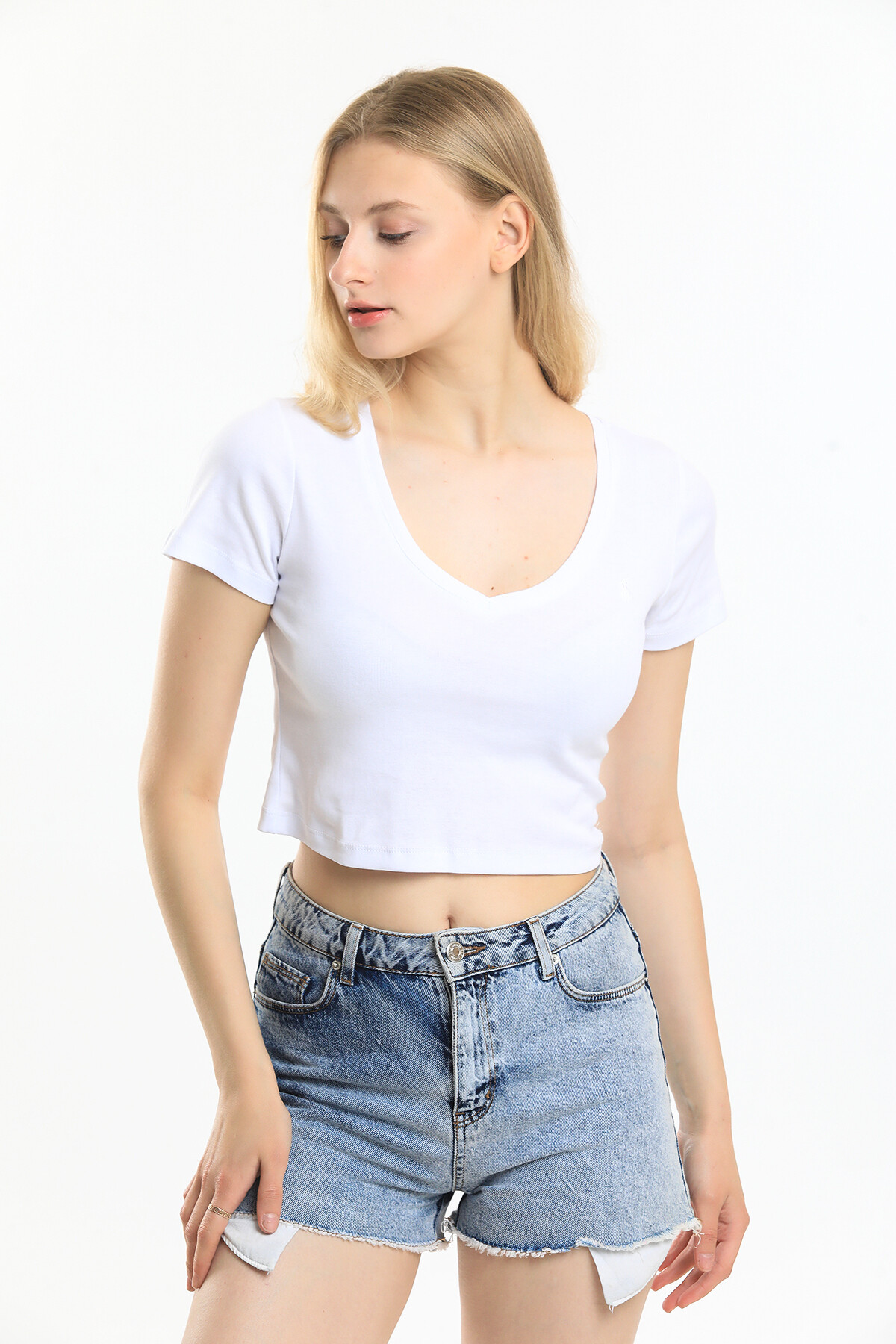 V Yaka Nakış Detaylı Crop Bluz