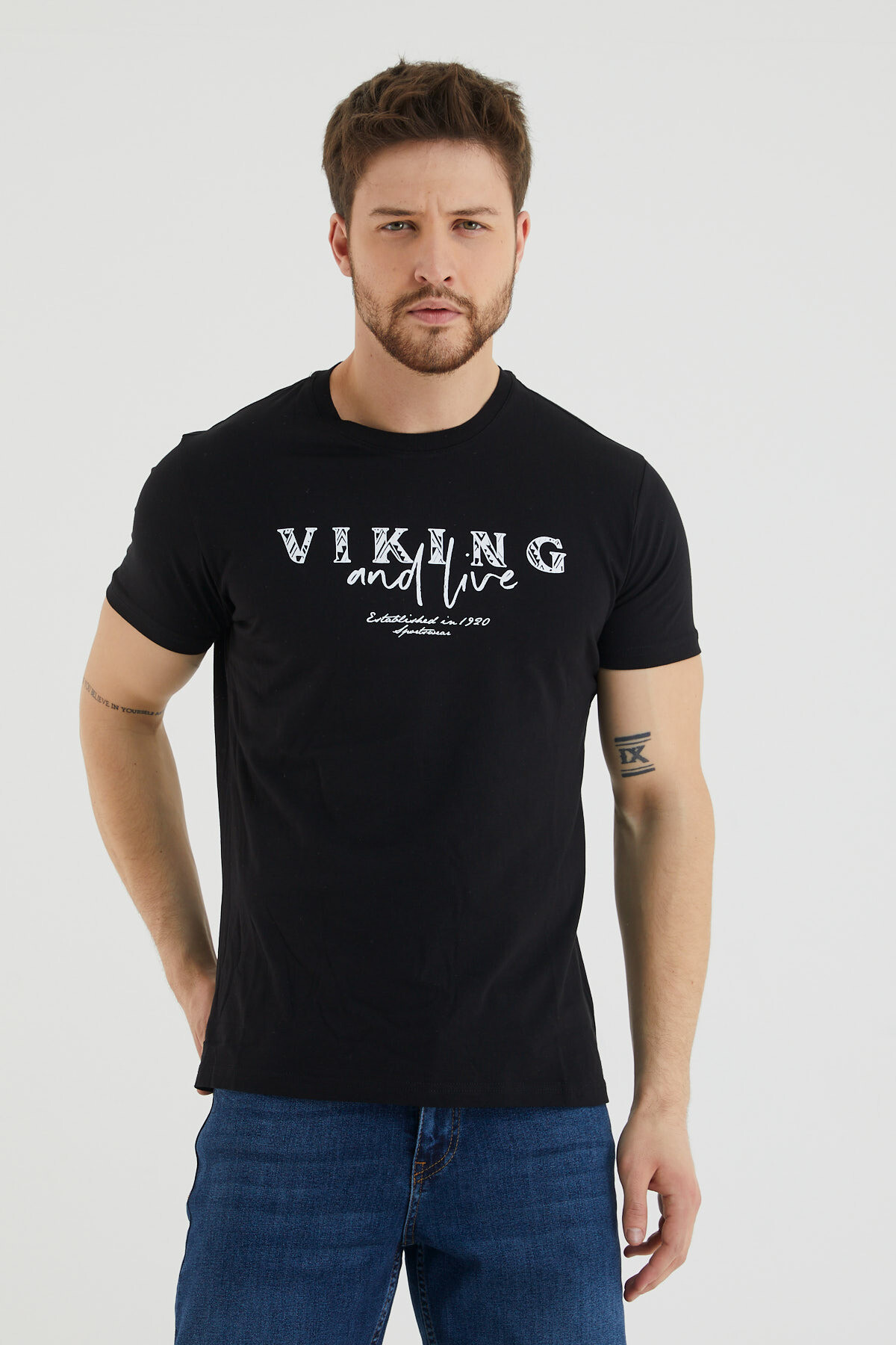 Viking And Live Yazı Baskılı Bisiklet Yaka Slim Fit Tshirt