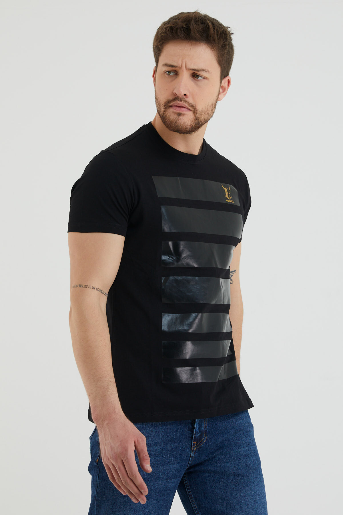 Viking Logolu Şerit Baskılı Bisiklet Yaka Slim Fit Tshirt