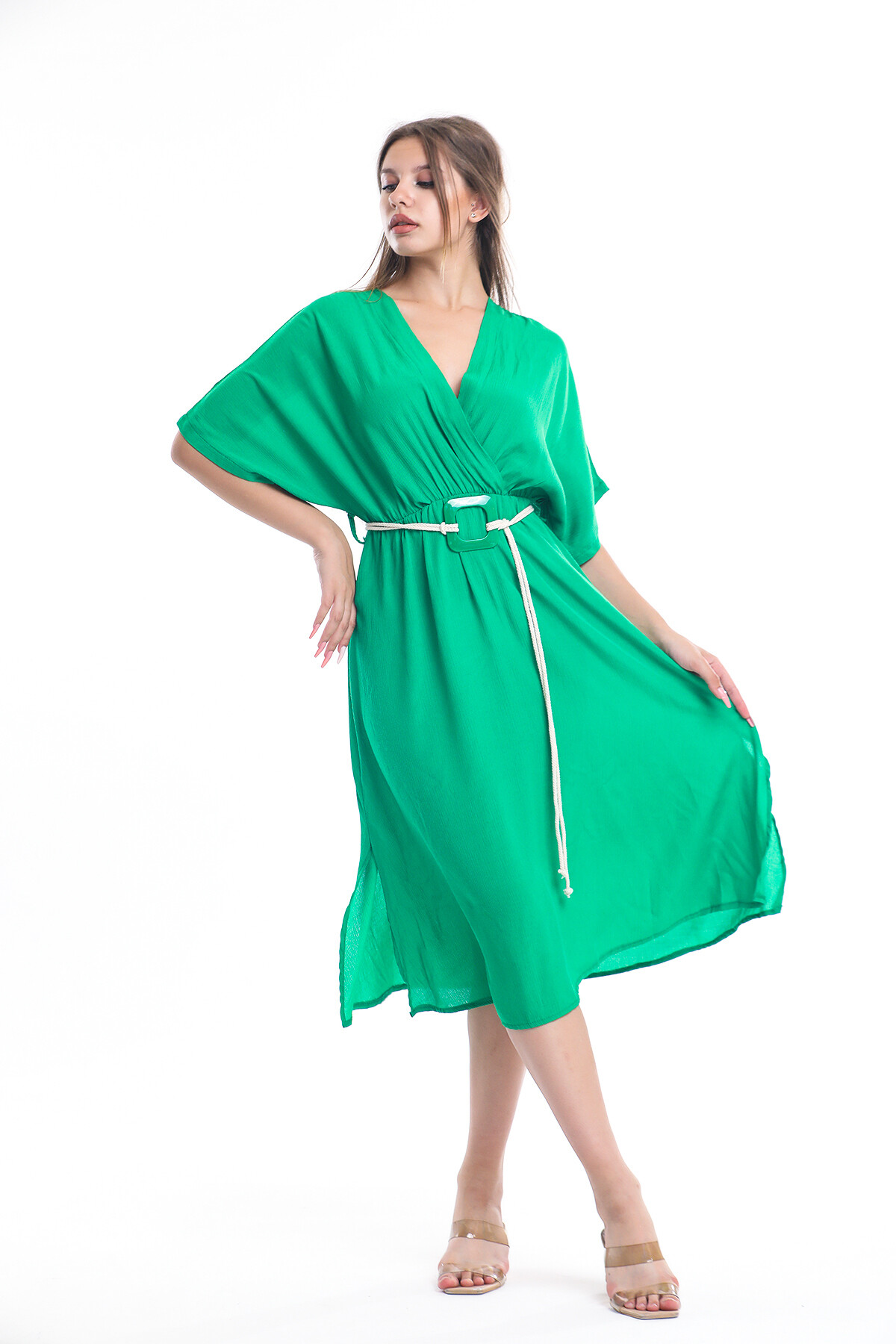 Yarasa Kol Kruvaze Yaka Yanları Yırtmaçlı Beli Lastikli Kemerli Uzun Elbise