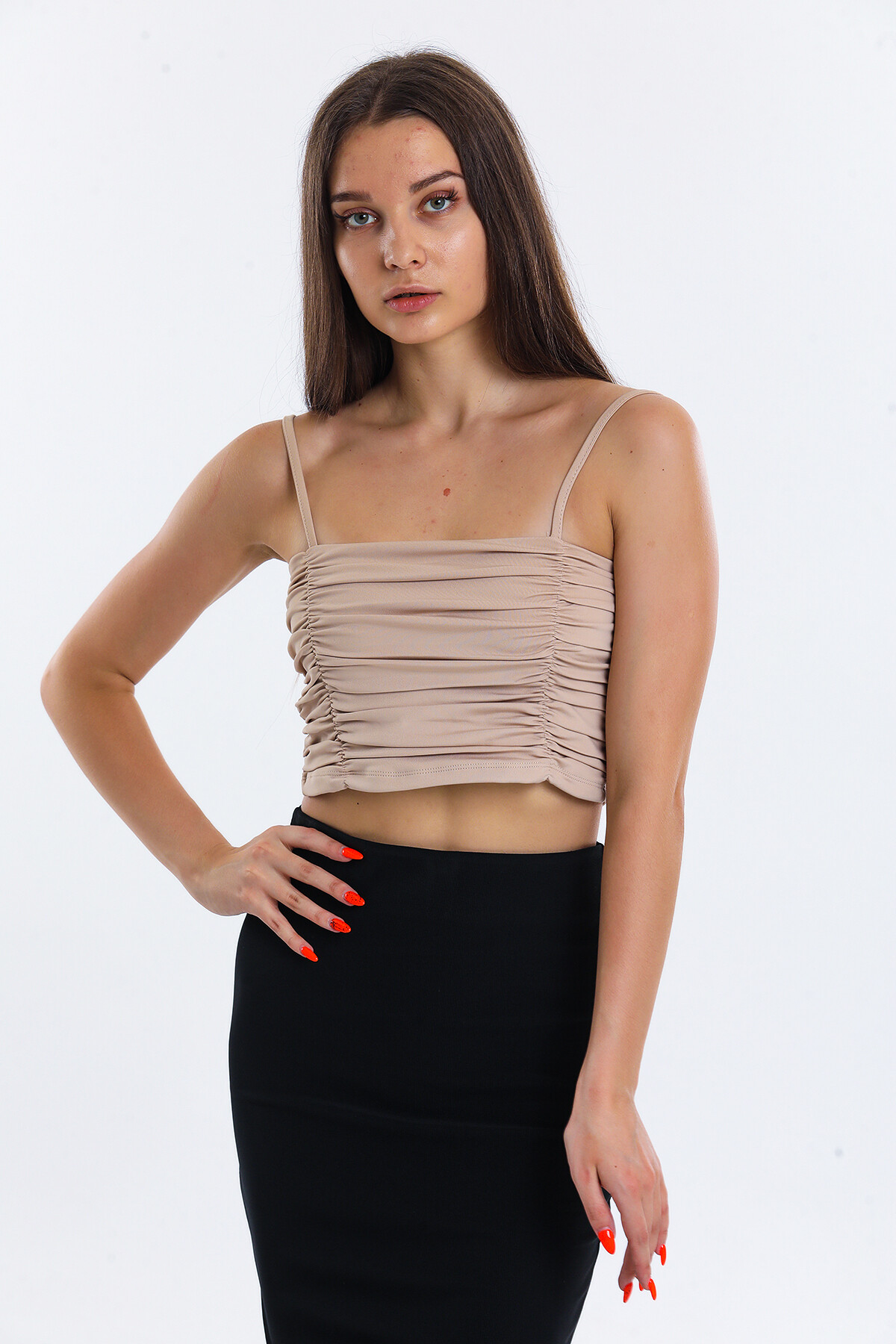 Askılı Büzgülü Crop Bluz