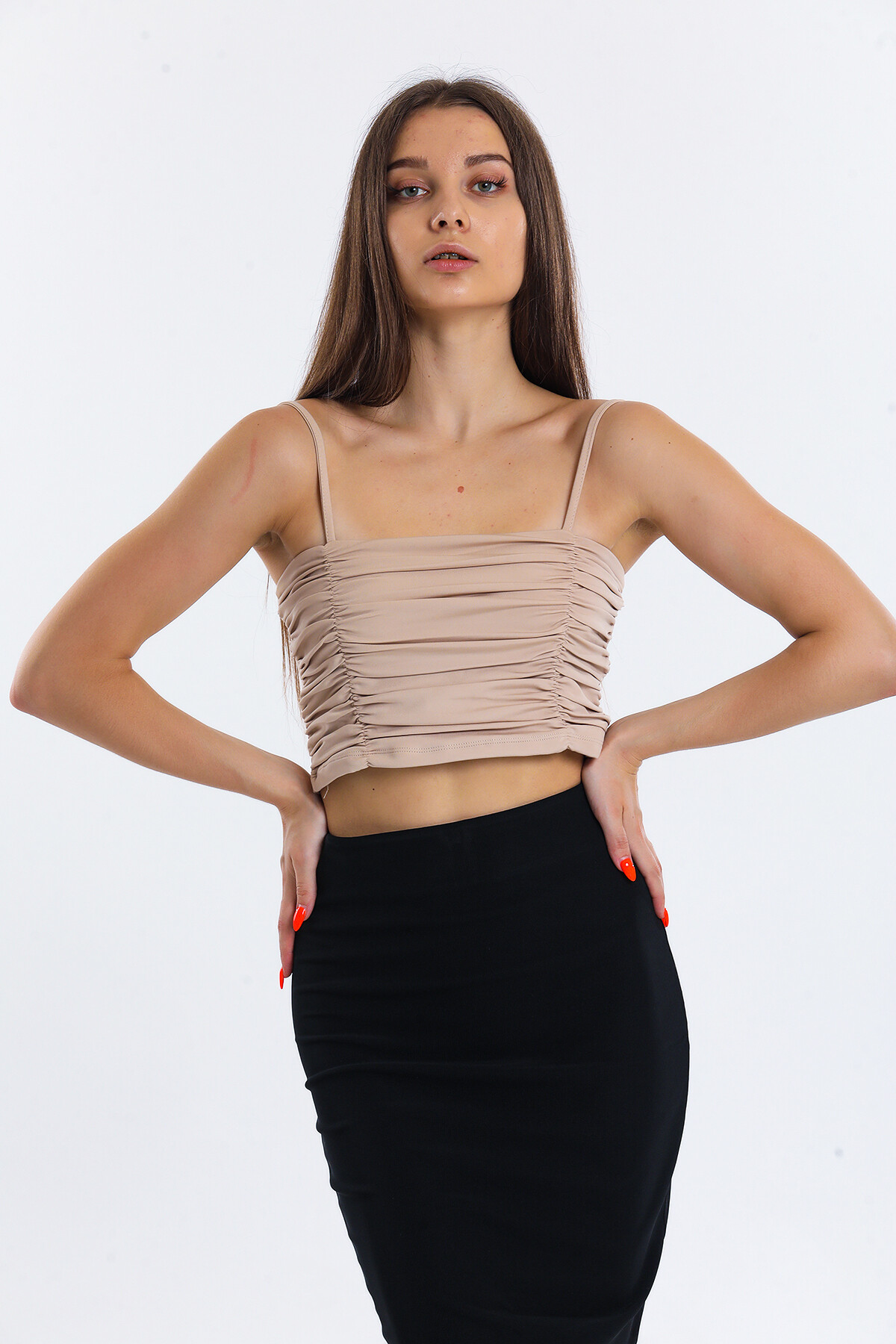 Askılı Büzgülü Crop Bluz