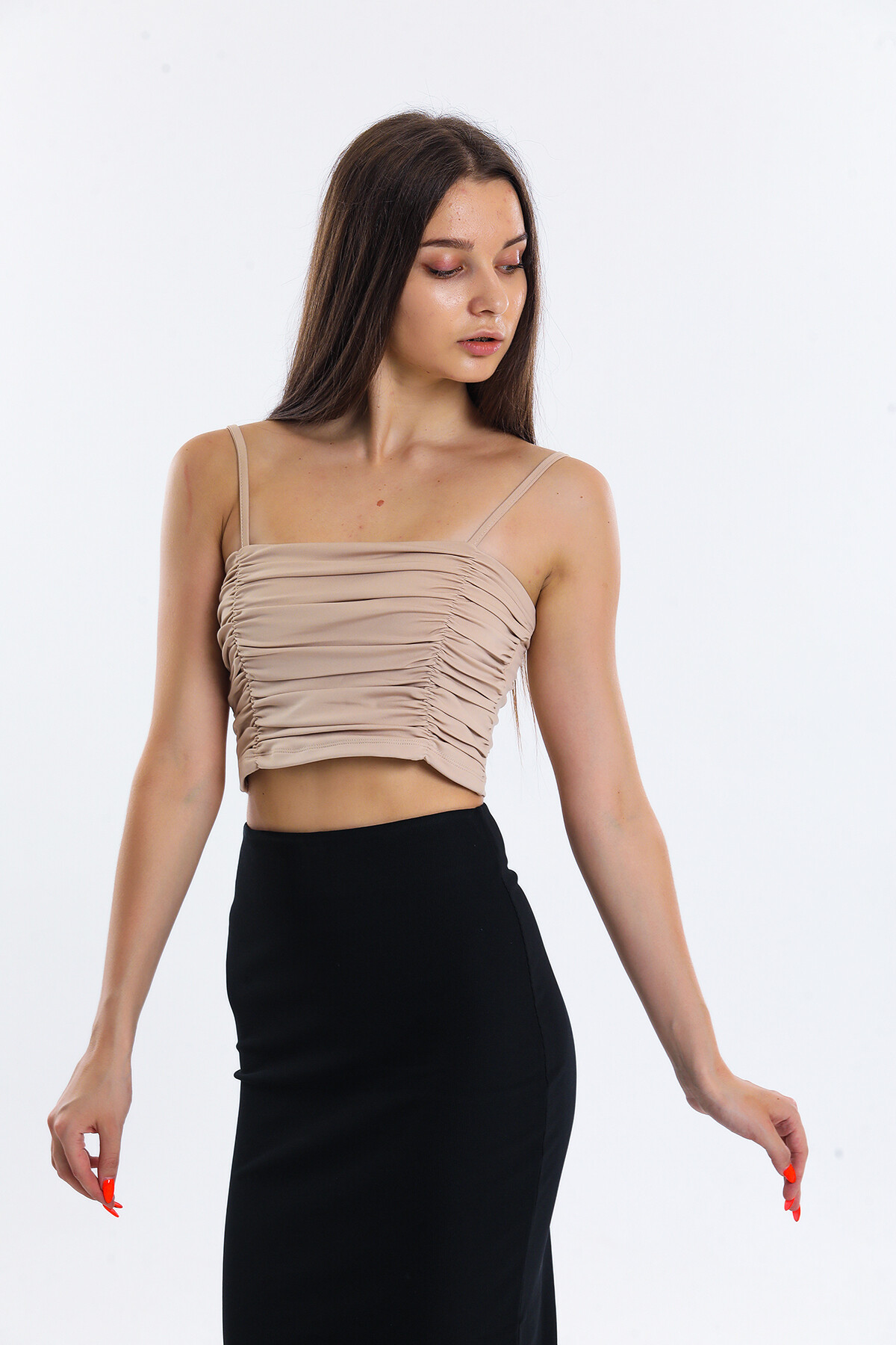 Askılı Büzgülü Crop Bluz