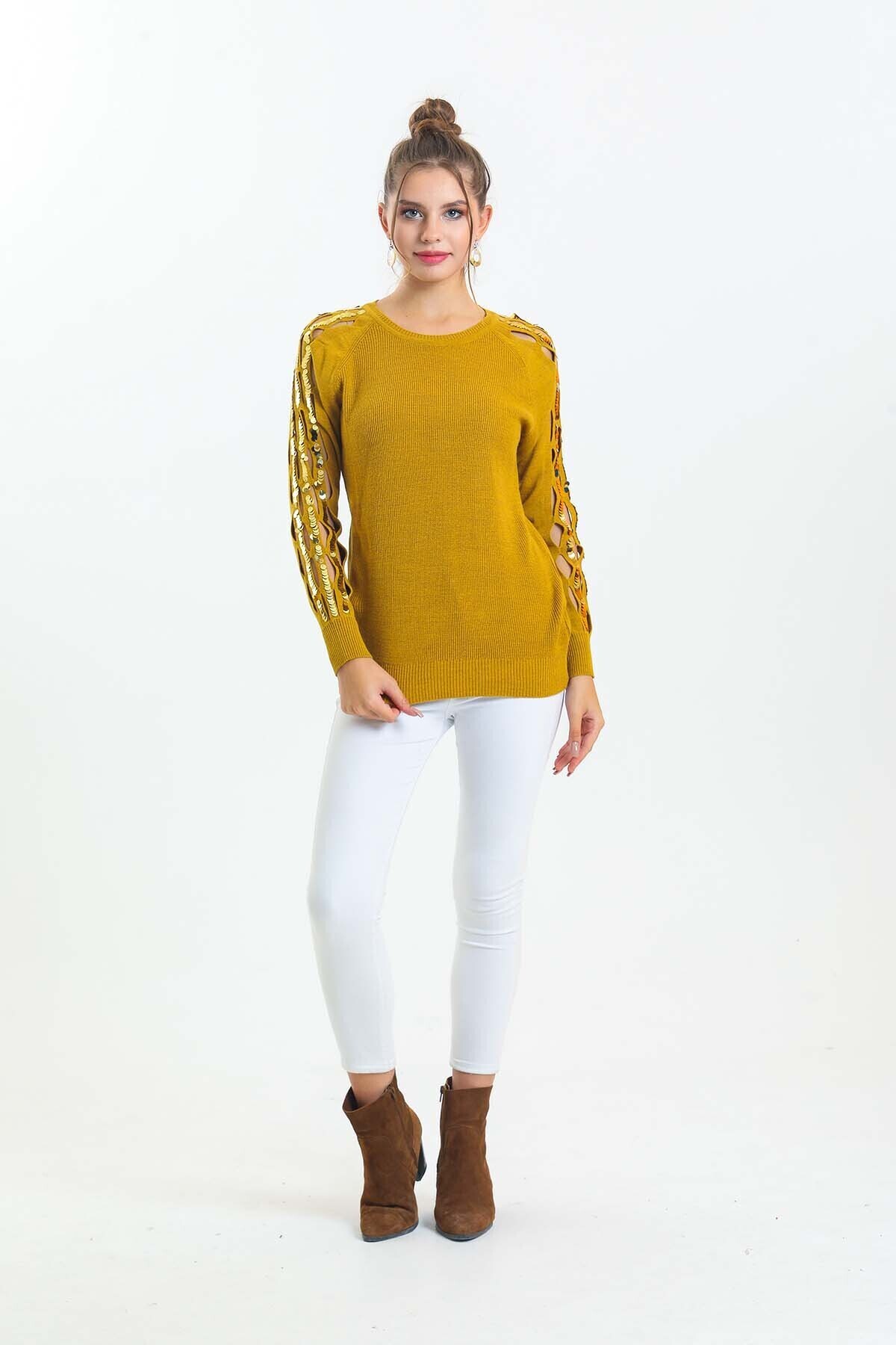 Bisiklet Yaka Kolları Pul Detaylı Triko Kazak