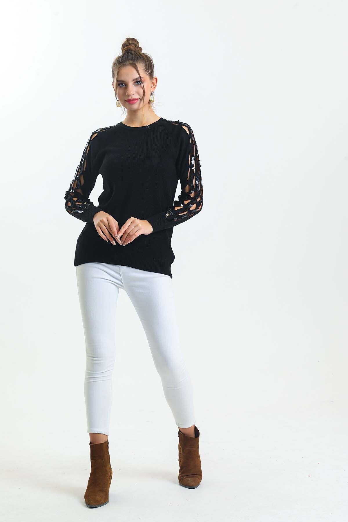 Bisiklet Yaka Kolları Pul Detaylı Triko Kazak