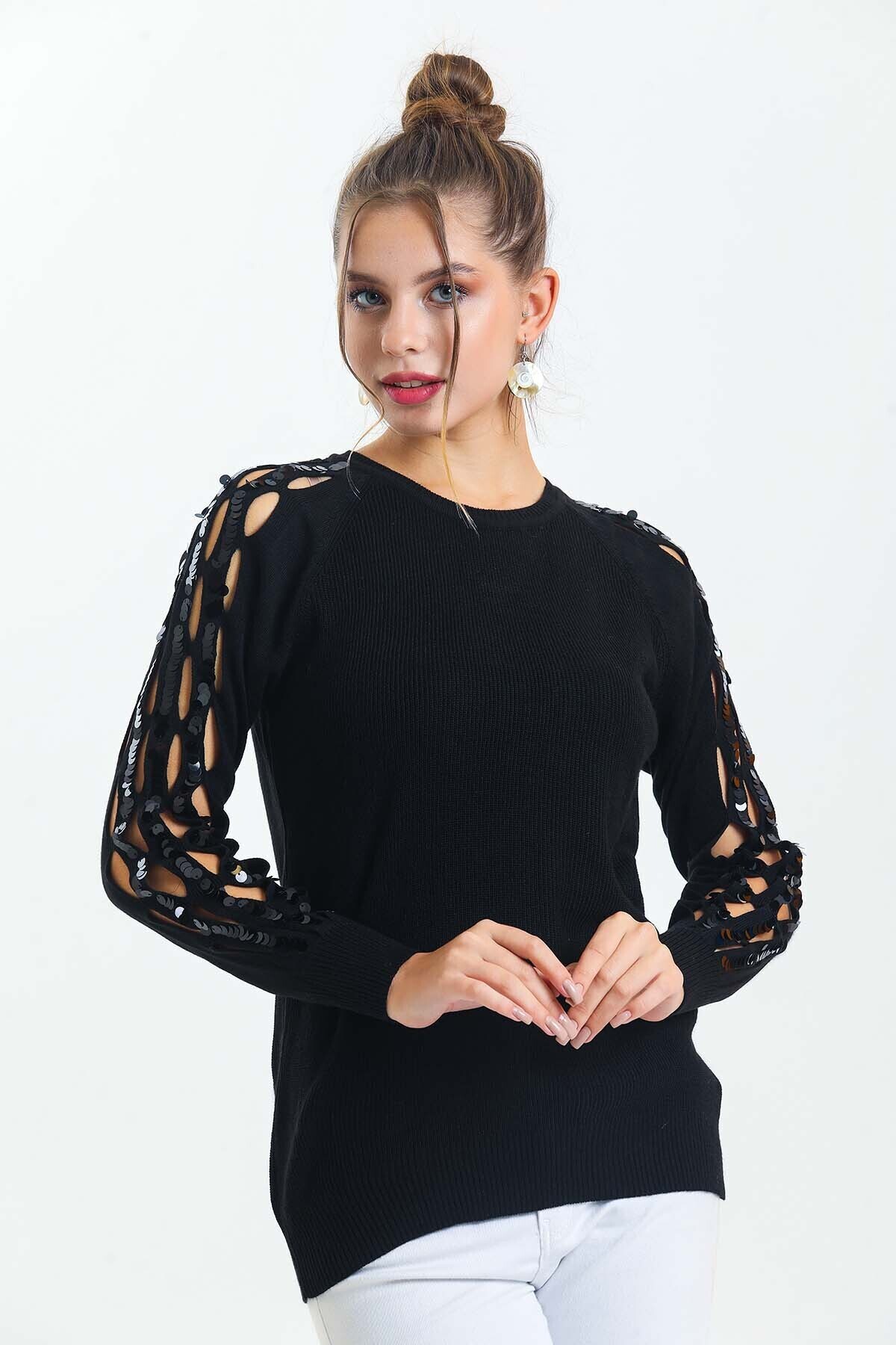 Bisiklet Yaka Kolları Pul Detaylı Triko Kazak