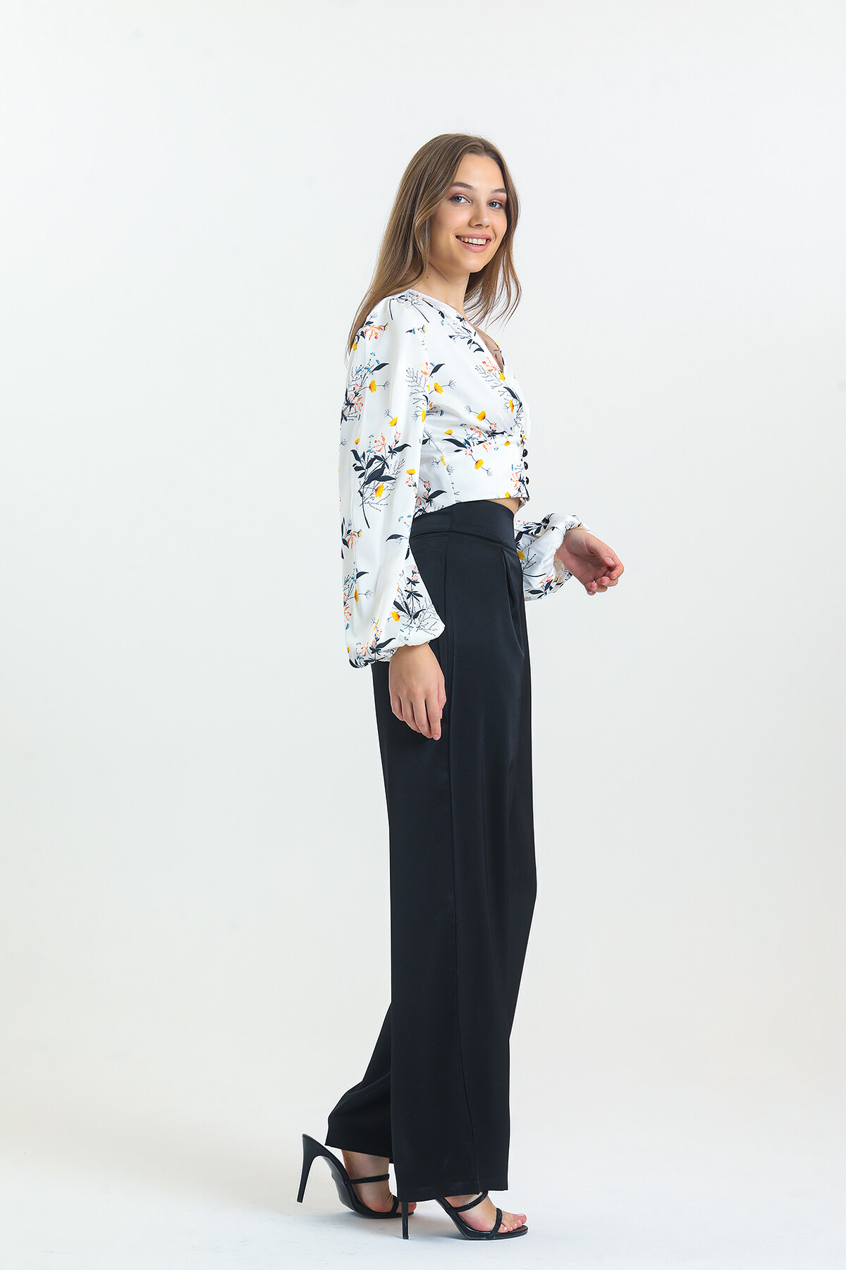 Kadın Balon Kol Çiçek Desenli Saten İkili Takım