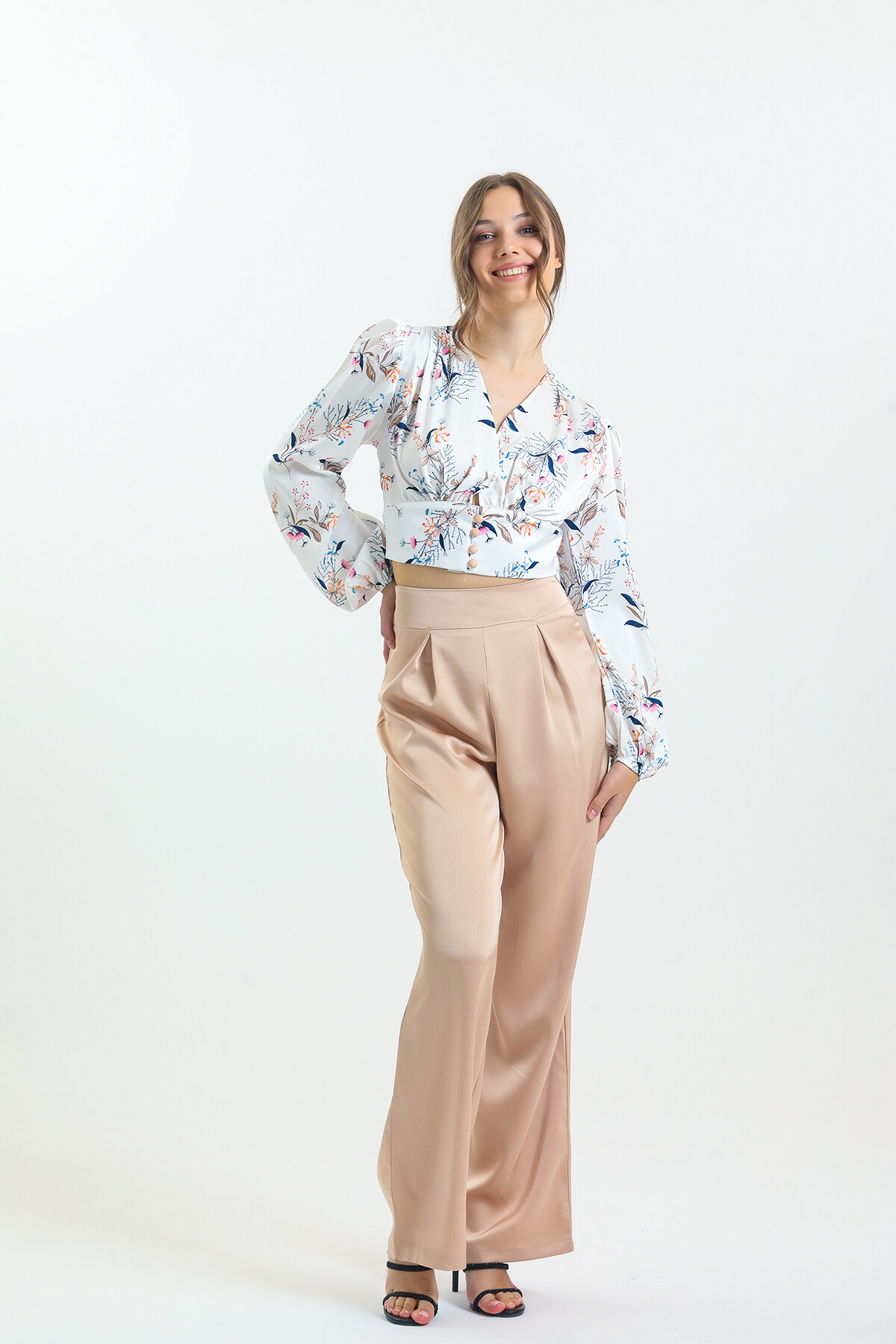 Kadın Balon Kol Çiçek Desenli Saten İkili Takım