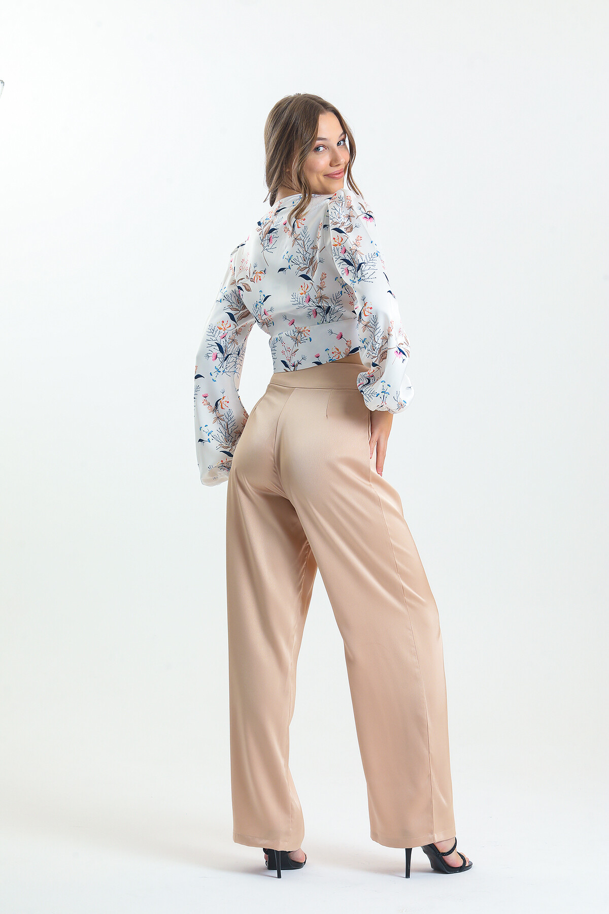 Kadın Balon Kol Çiçek Desenli Saten İkili Takım