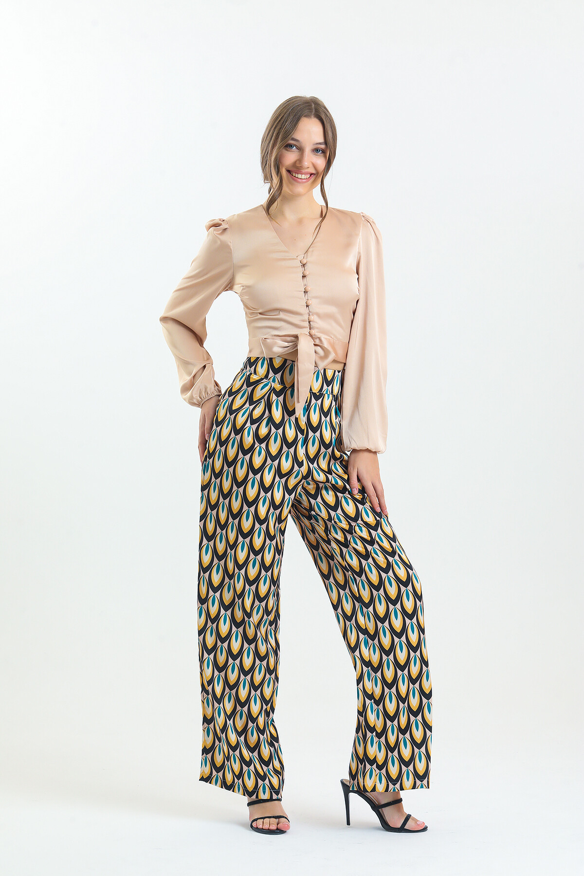 Kadın Etnik Desenli Saten İkili Takım