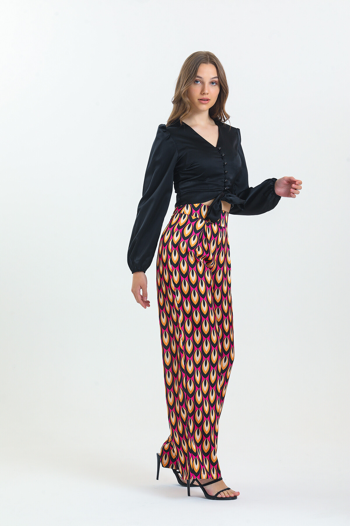 Kadın Etnik Desenli Saten İkili Takım