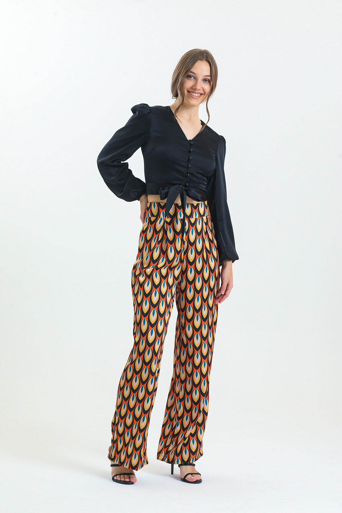 Kadın Etnik Desenli Saten İkili Takım