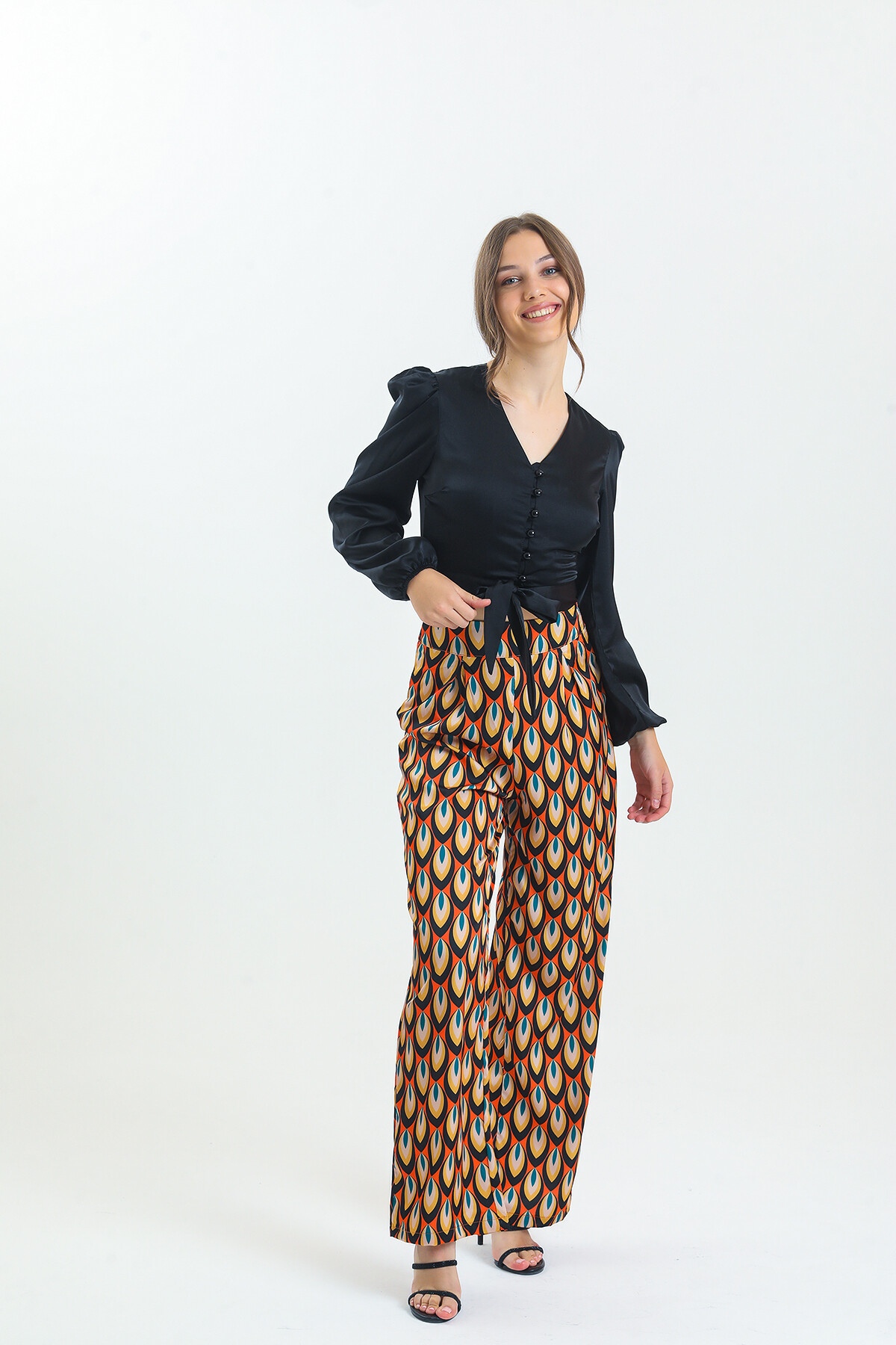 Kadın Etnik Desenli Saten İkili Takım