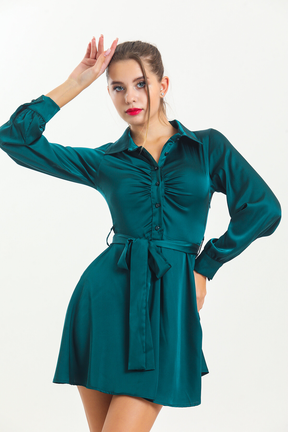 Kadın Gömlek Yaka Kuşaklı Uzun Kol Saten Elbise