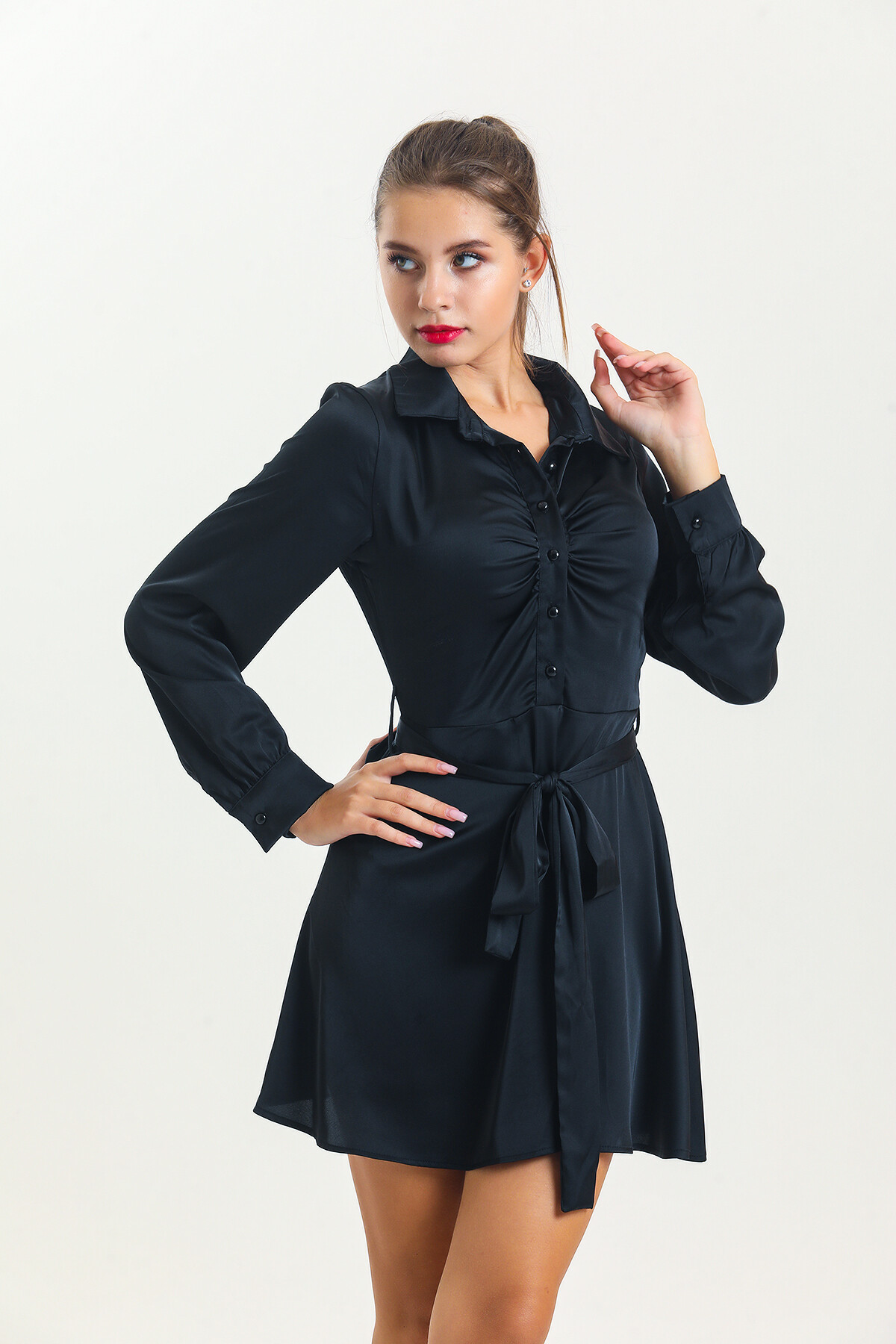 Kadın Gömlek Yaka Kuşaklı Uzun Kol Saten Elbise