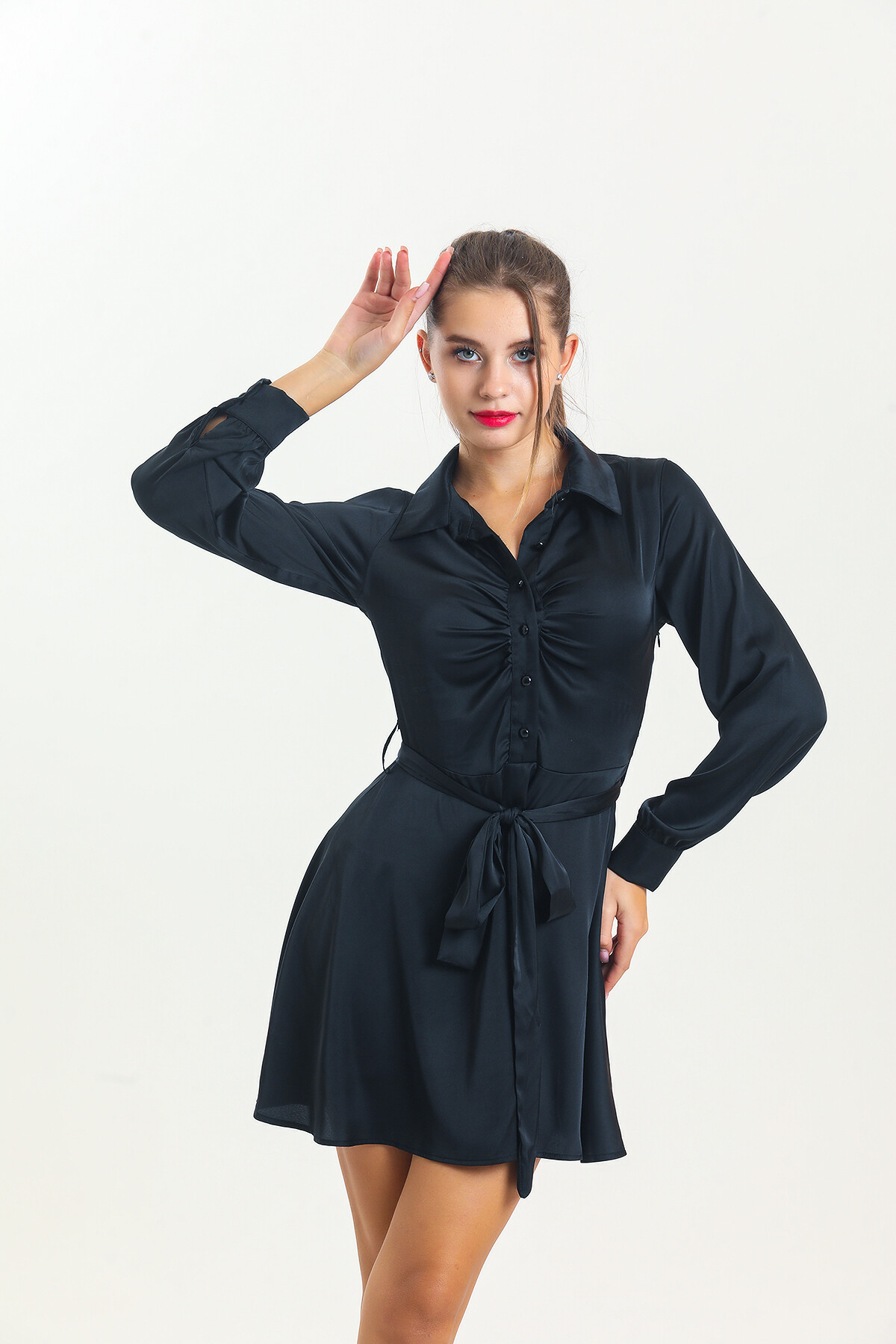 Kadın Gömlek Yaka Kuşaklı Uzun Kol Saten Elbise