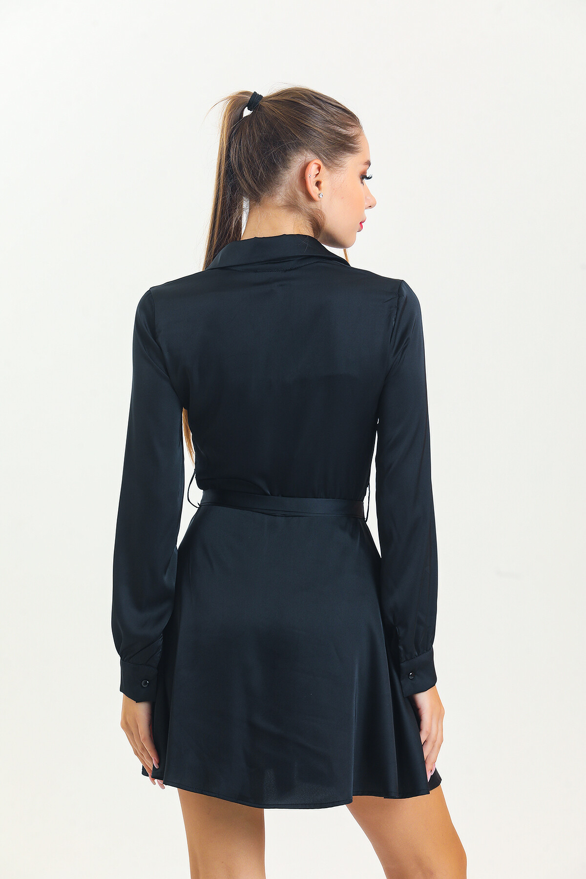 Kadın Gömlek Yaka Kuşaklı Uzun Kol Saten Elbise