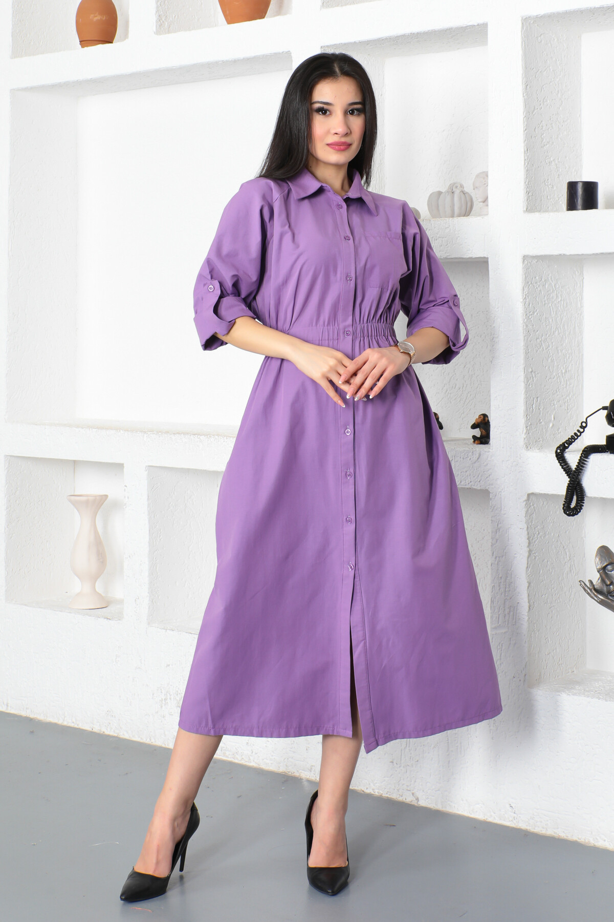 KADIN Gömlek Yaka Tek Cepli Beli Büzgülü Uzun Elbise