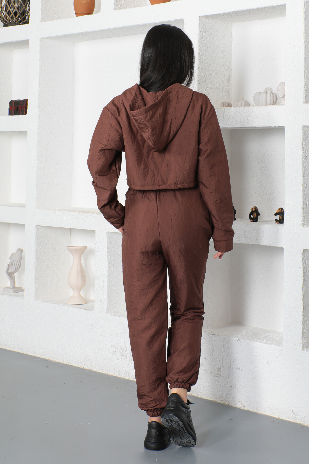 KADIN Kapüşonlu Eteği Lastikli Geometrik Desenli Eşofman Takım