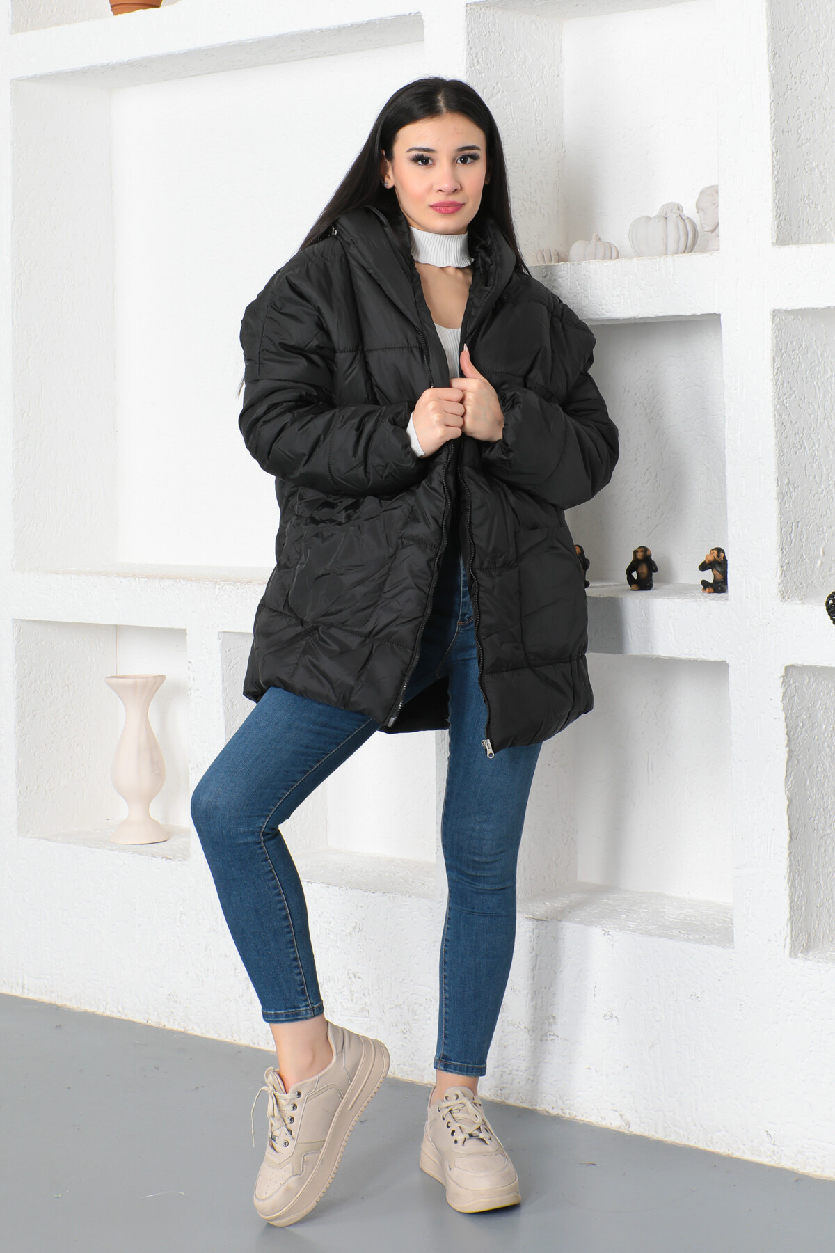 KADIN Kapüşonlu Oversize Cepli Şişme Mont