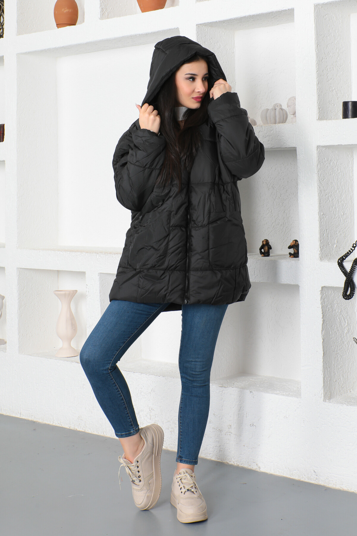 KADIN Kapüşonlu Oversize Cepli Şişme Mont