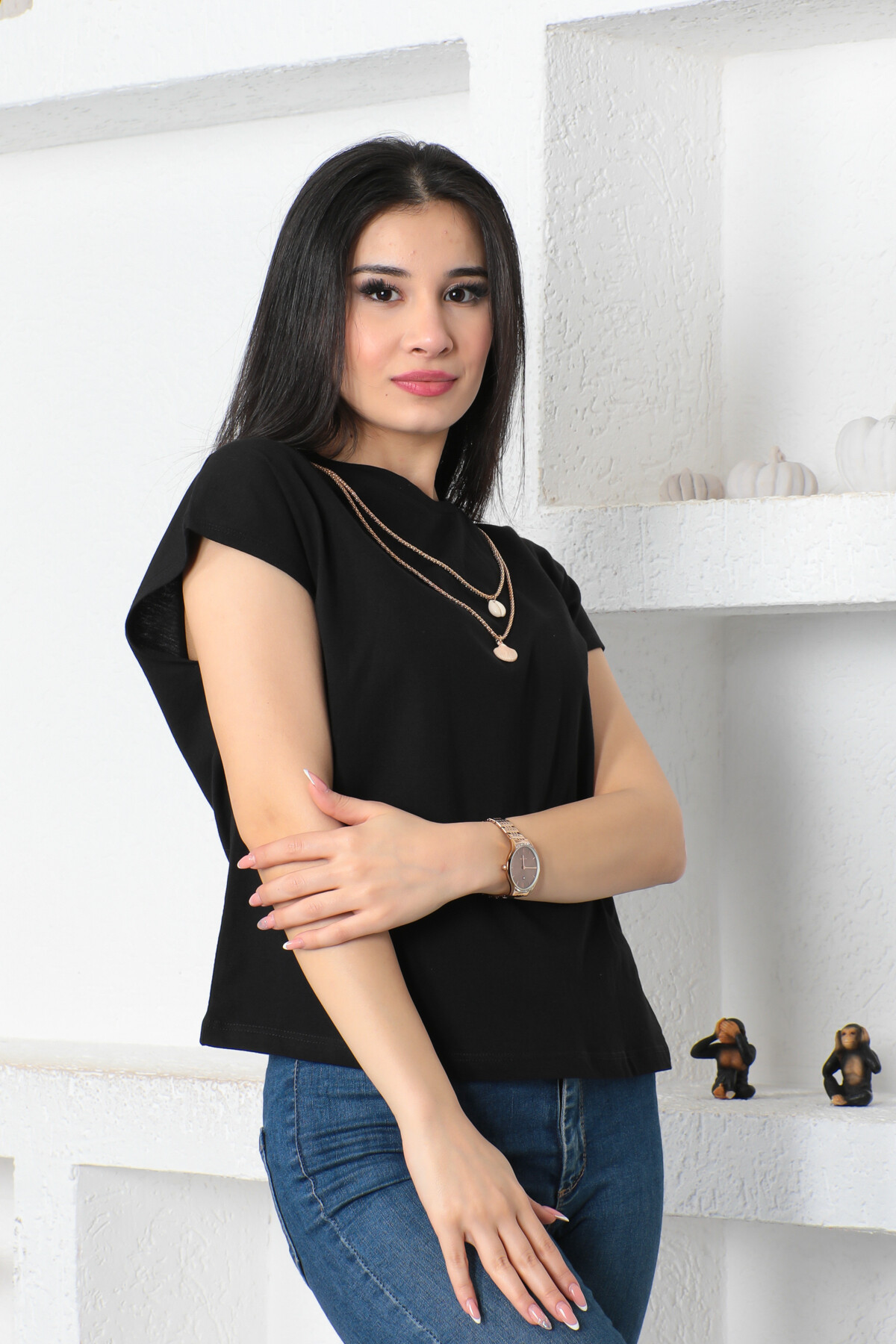 KADIN Kolyeli Kolsuz Bisiklet Yaka Salaş Tişört