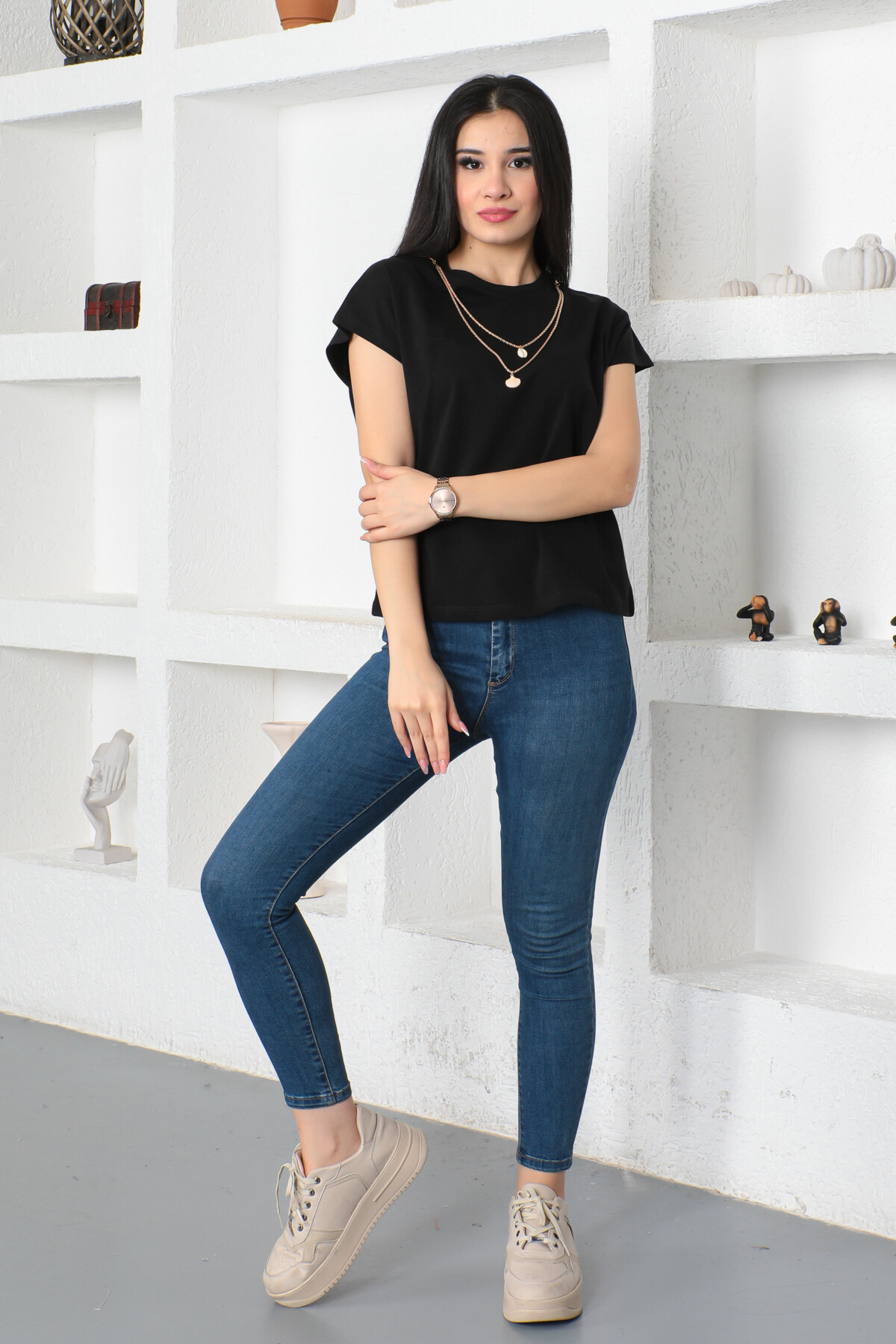 KADIN Kolyeli Kolsuz Bisiklet Yaka Salaş Tişört