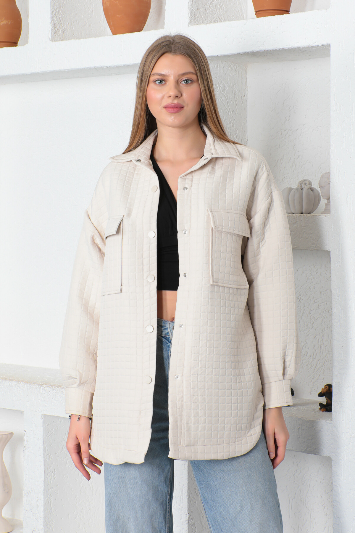 KADIN Önü Çıtçıtlı Kare Desenli İçi Astarlı Tunik