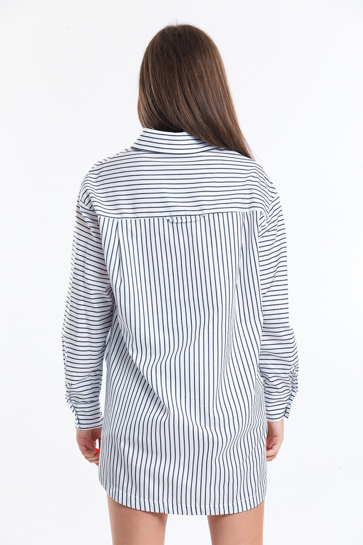 KADIN Önü Tek Cepli Eteği Bağcıklı Çizgili Oversize Gömlek