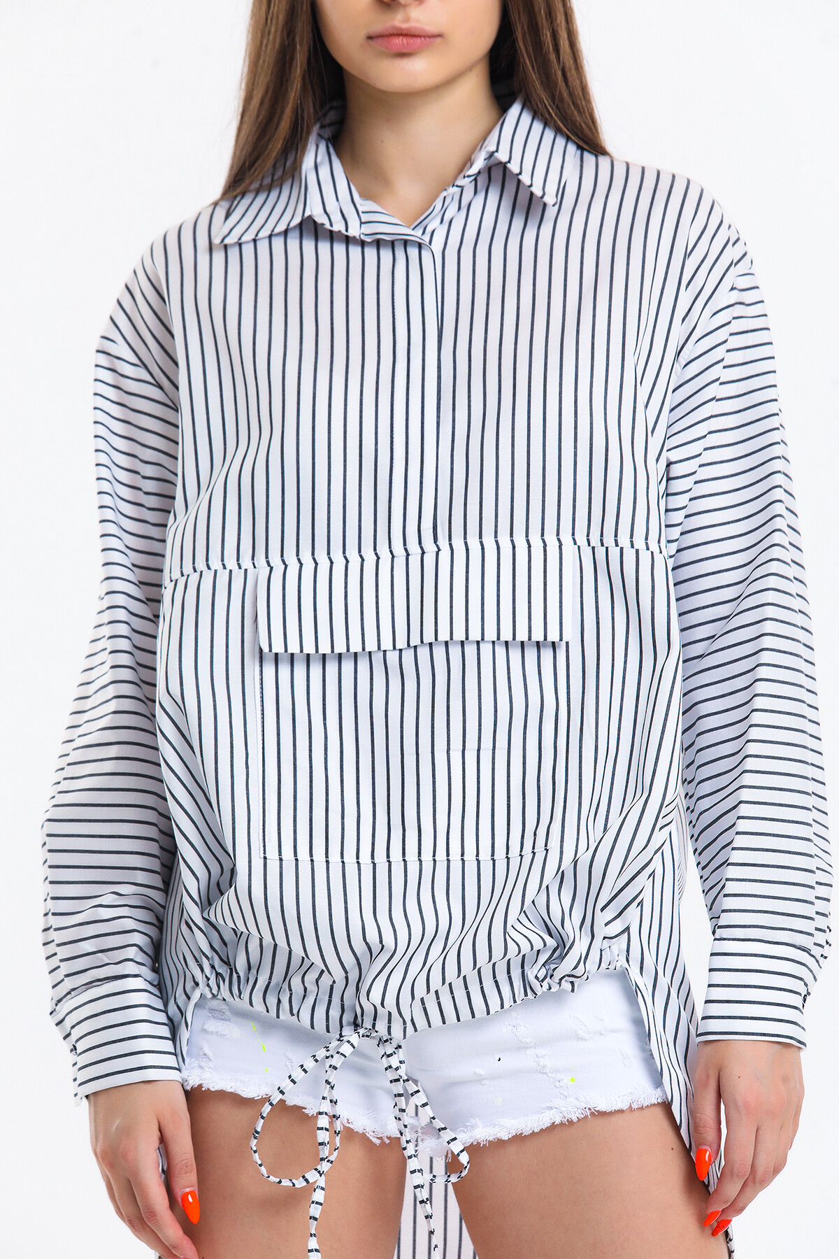 KADIN Önü Tek Cepli Eteği Bağcıklı Çizgili Oversize Gömlek