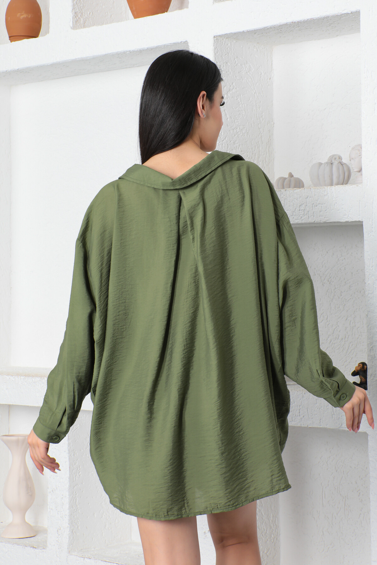 KADIN Tek Cepli Yarasa Kol Önü Düğmeli Salaş Gömlek