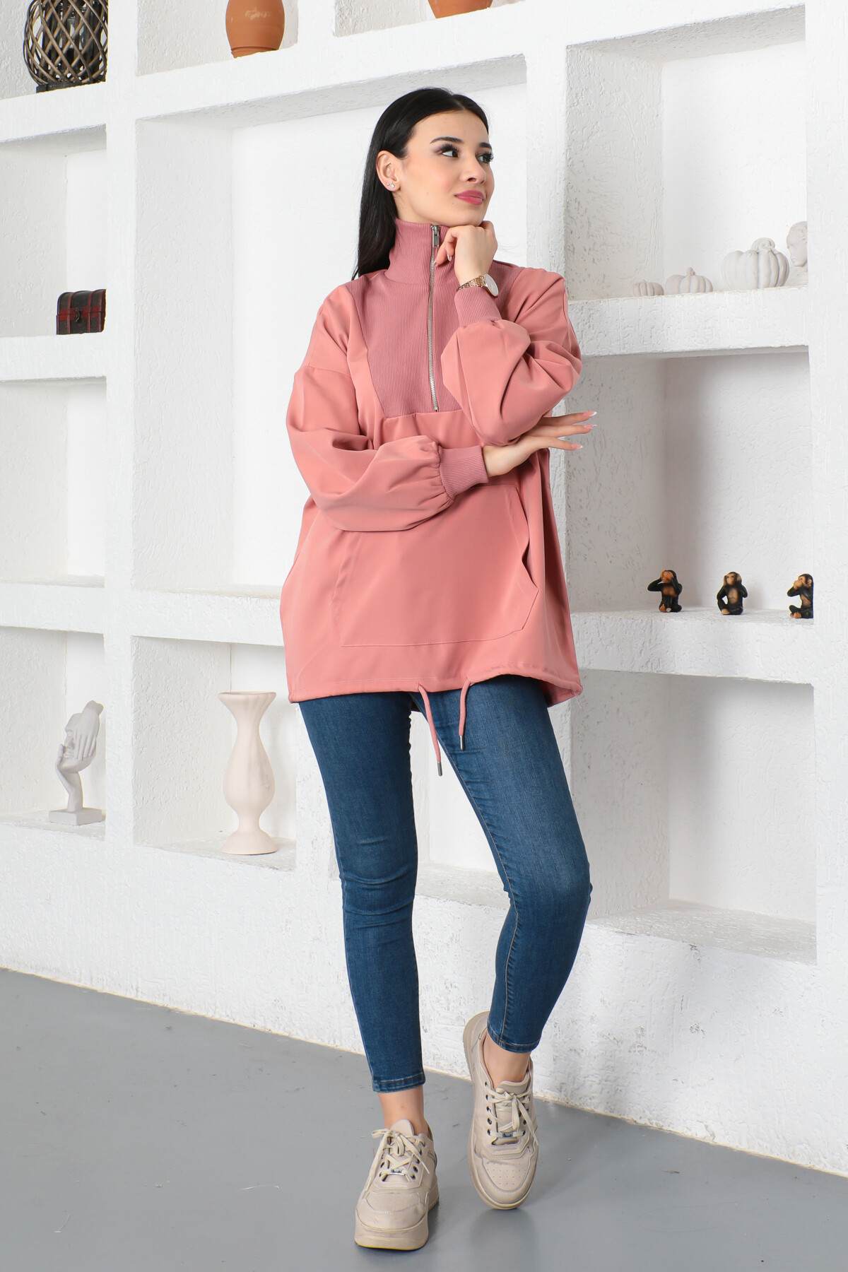 KADIN Yakası Fermuarlı Yarım Balıkçı Yaka Kanguru Cepli Tunik