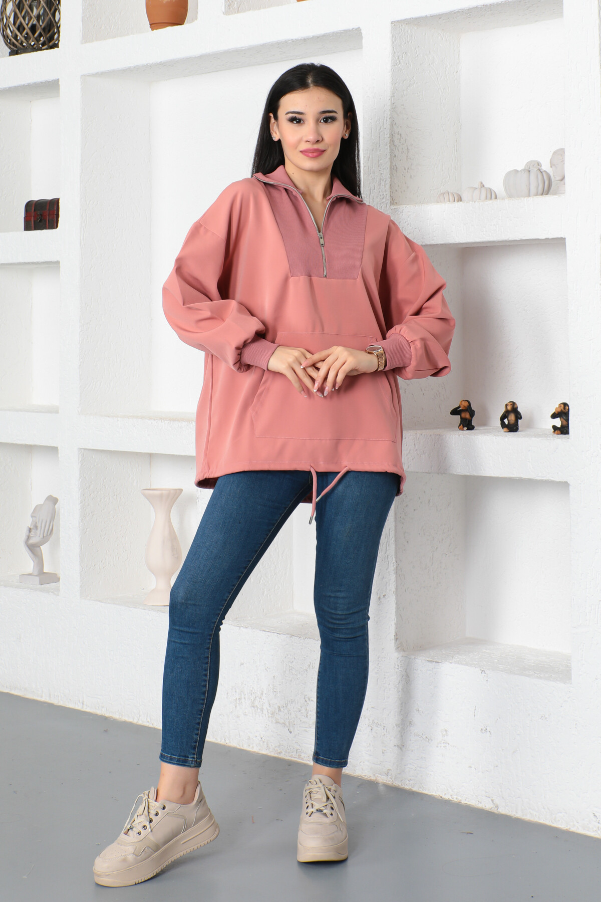 KADIN Yakası Fermuarlı Yarım Balıkçı Yaka Kanguru Cepli Tunik