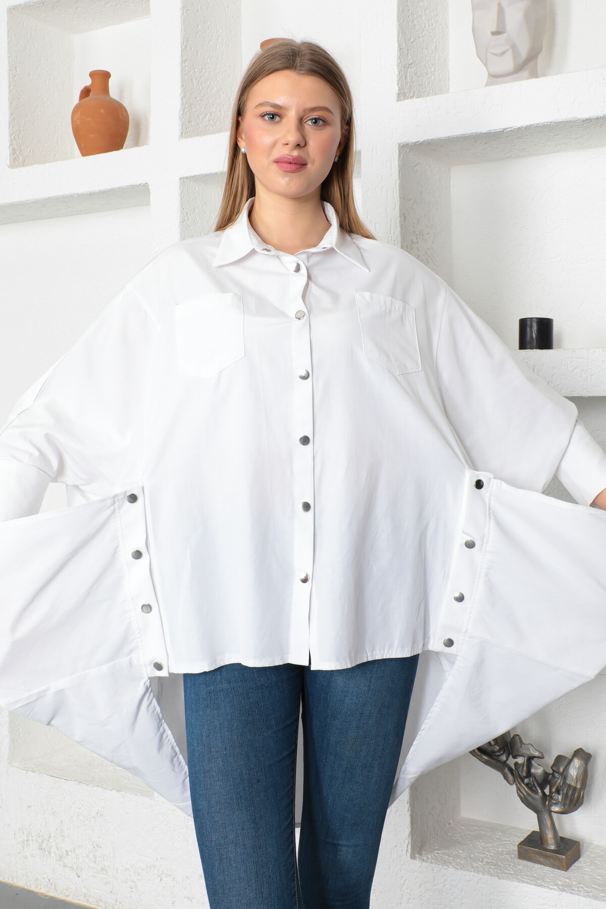 KADIN Yarasa Kol Çıtçıt Detaylı Salaş Gömlek