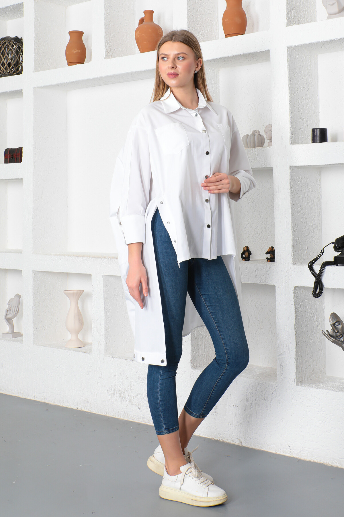 KADIN Yarasa Kol Çıtçıt Detaylı Salaş Gömlek