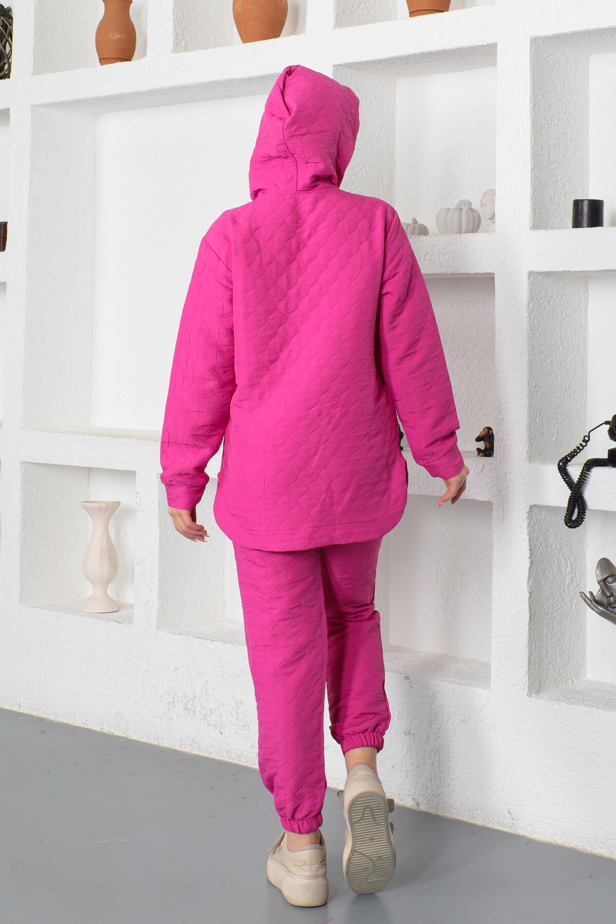 KADIN Yarım Fermuarlı Kapüşonlu Geometrik Desenli Eşofman Takım