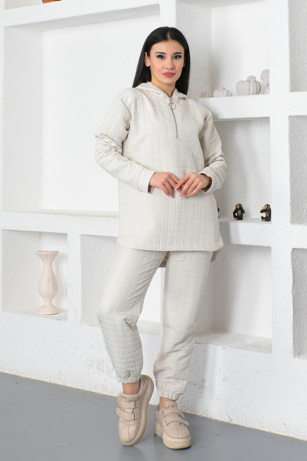 KADIN Yarım Fermuarlı Kapüşonlu Kare Desenli Eşofman Takım