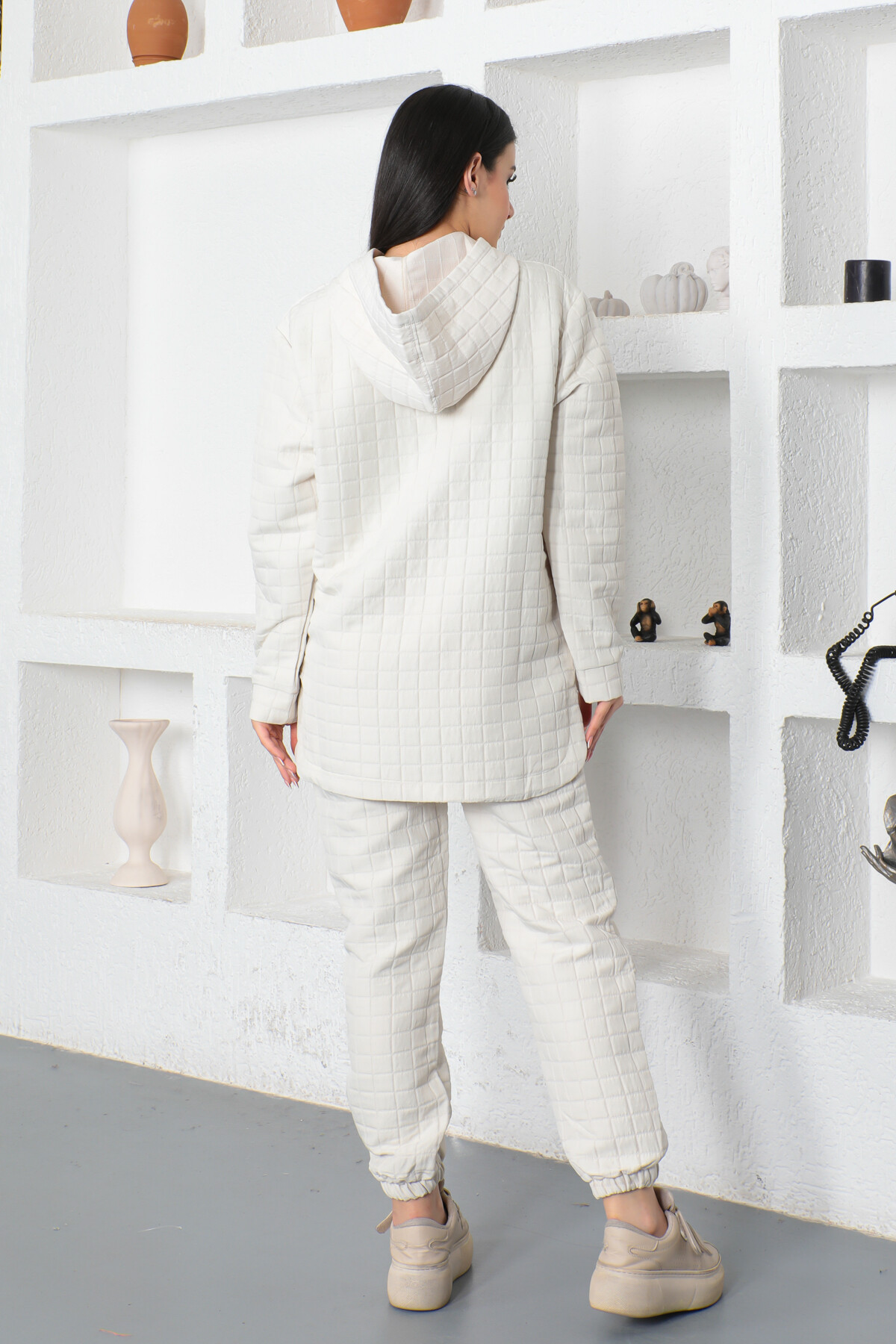 KADIN Yarım Fermuarlı Kapüşonlu Kare Desenli Eşofman Takım