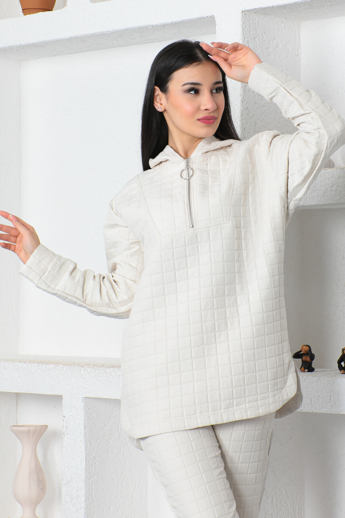 KADIN Yarım Fermuarlı Kapüşonlu Kare Desenli Eşofman Takım