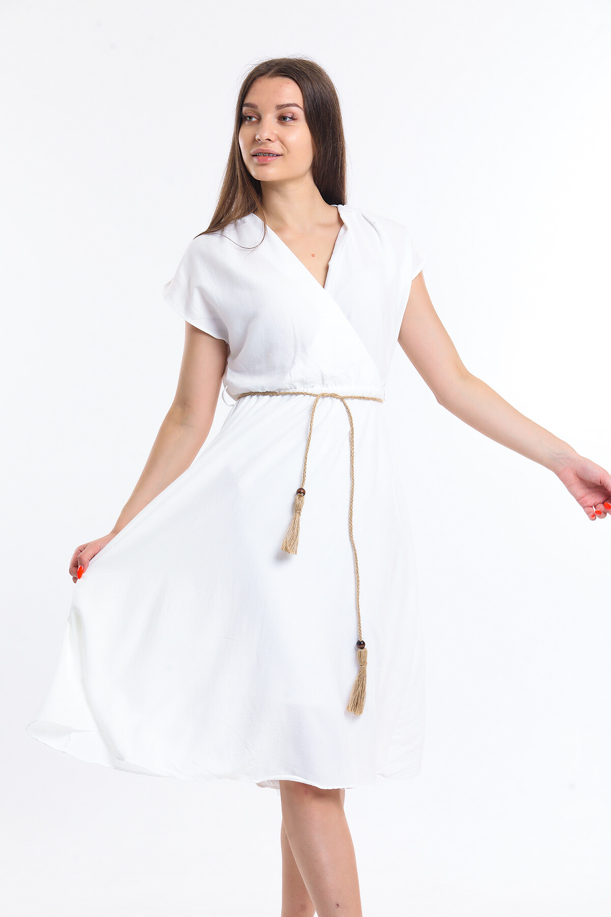 Kruvaze Yaka Beli Lastikli Yarasa Kol Bağcıklı İçi Astarlı Elbise