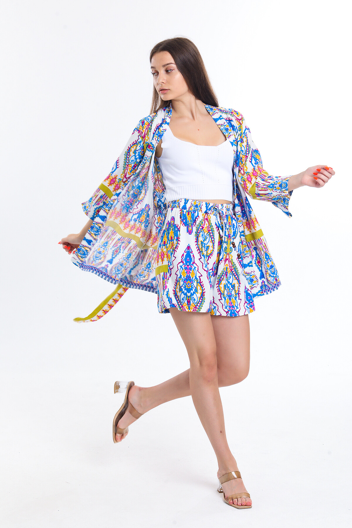 Kuşaklı Etnik Desenli Kimona Takım