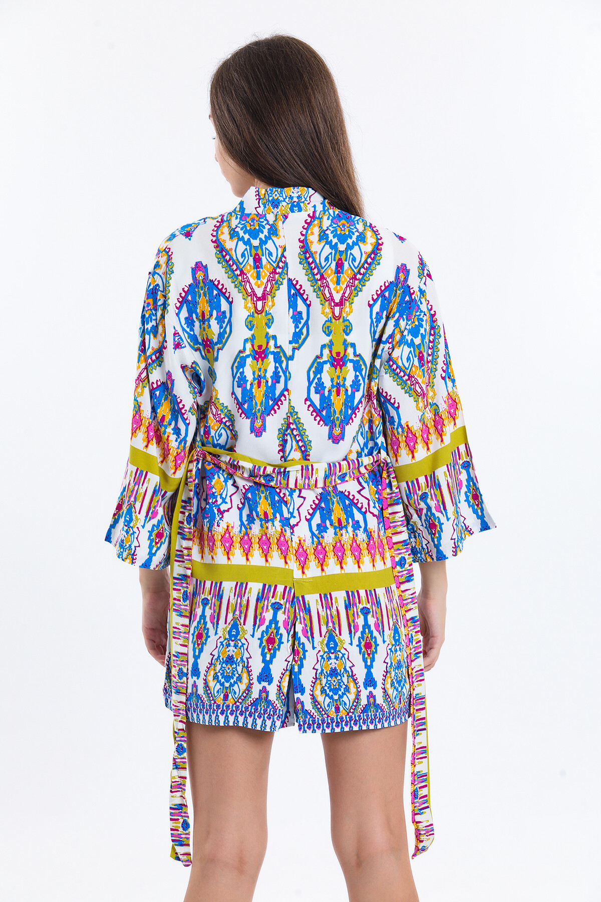 Kuşaklı Etnik Desenli Kimona Takım