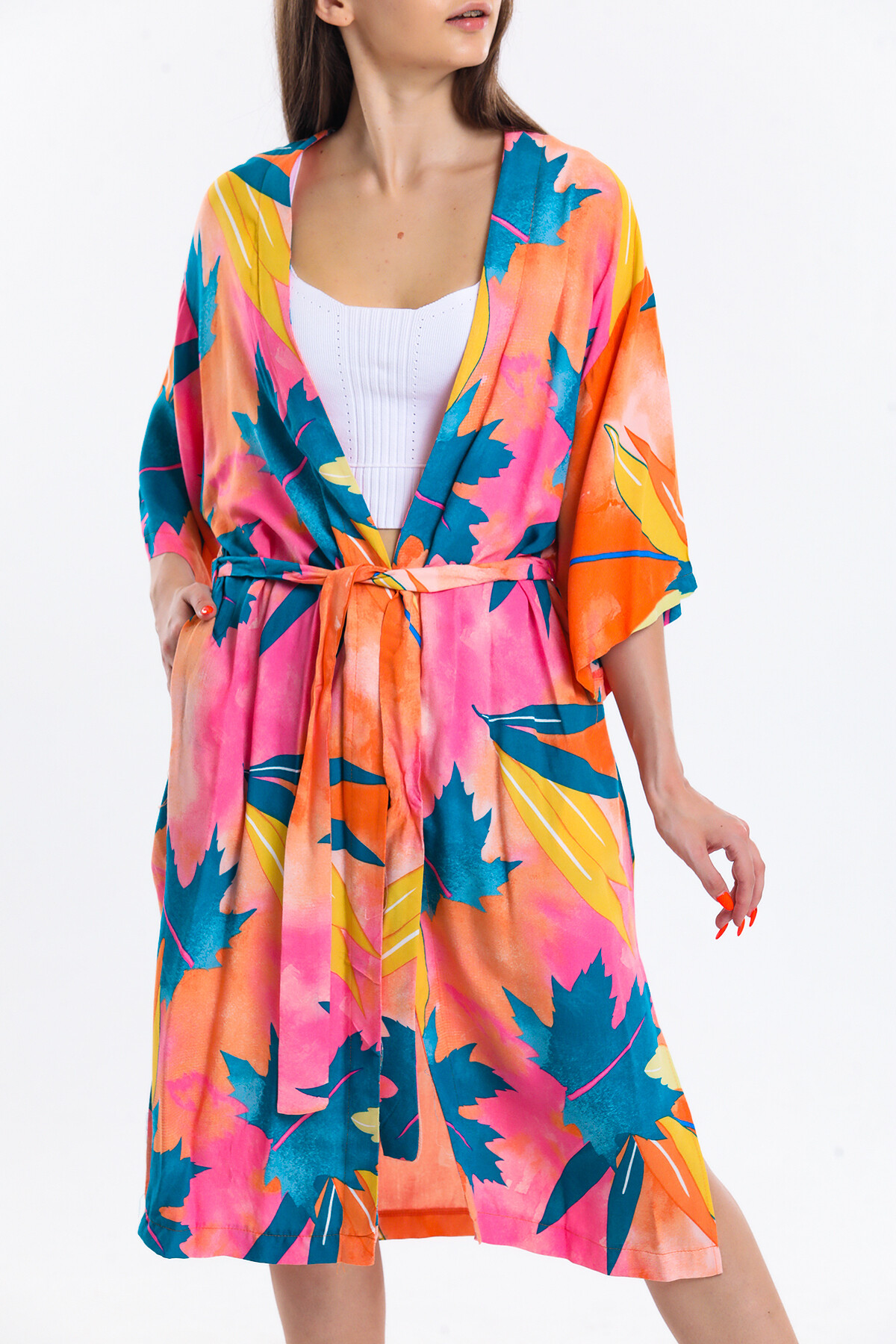 Kuşaklı Yarasa Kol Yaprak Desenli Uzun Hırka