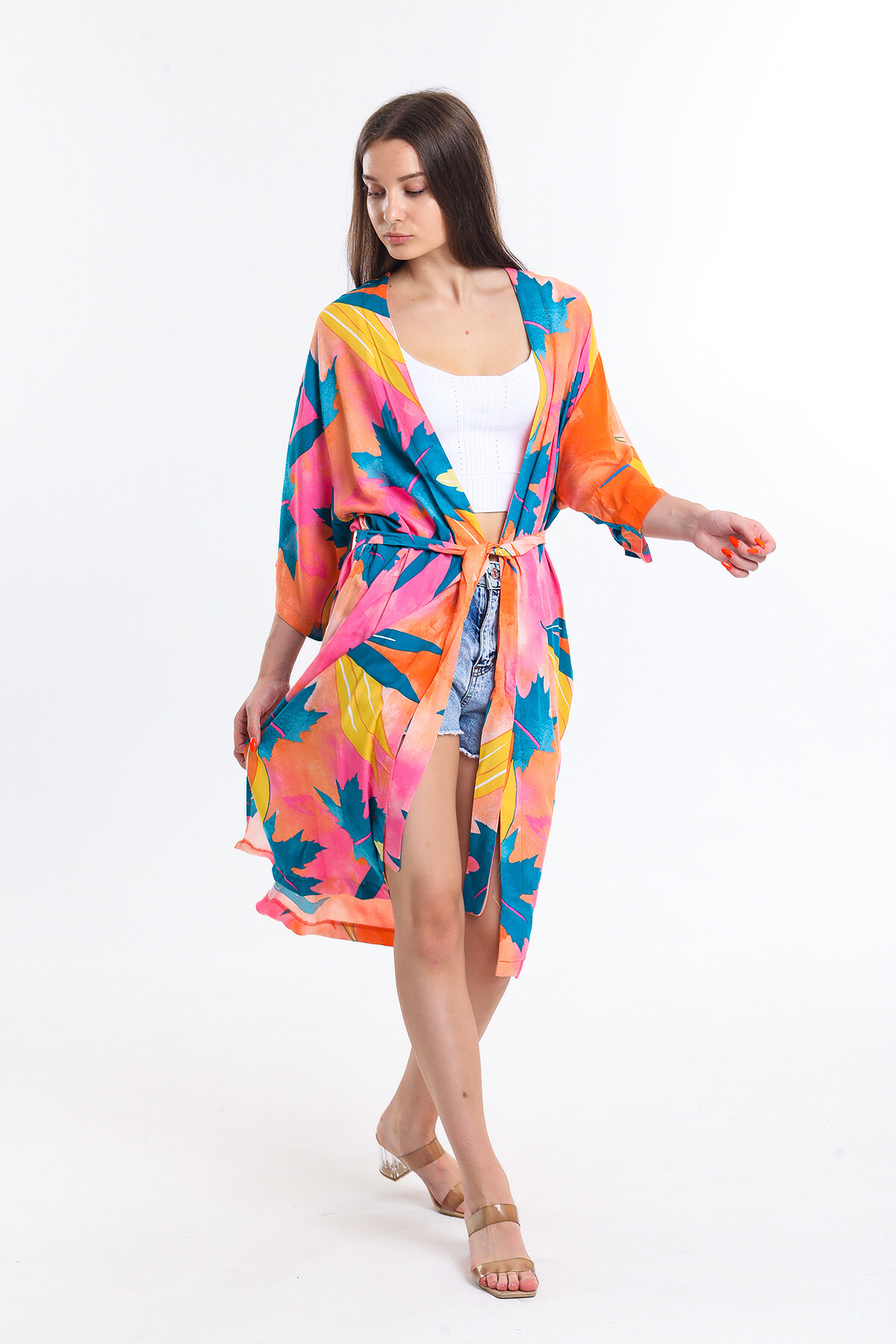 Kuşaklı Yarasa Kol Yaprak Desenli Uzun Hırka