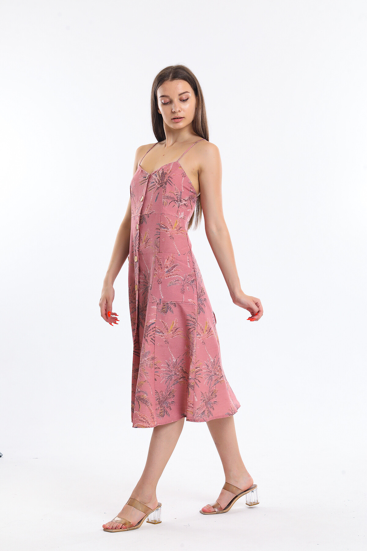 Önü Düğmeli Askılı Cepli Çiçek Desenli Elbise