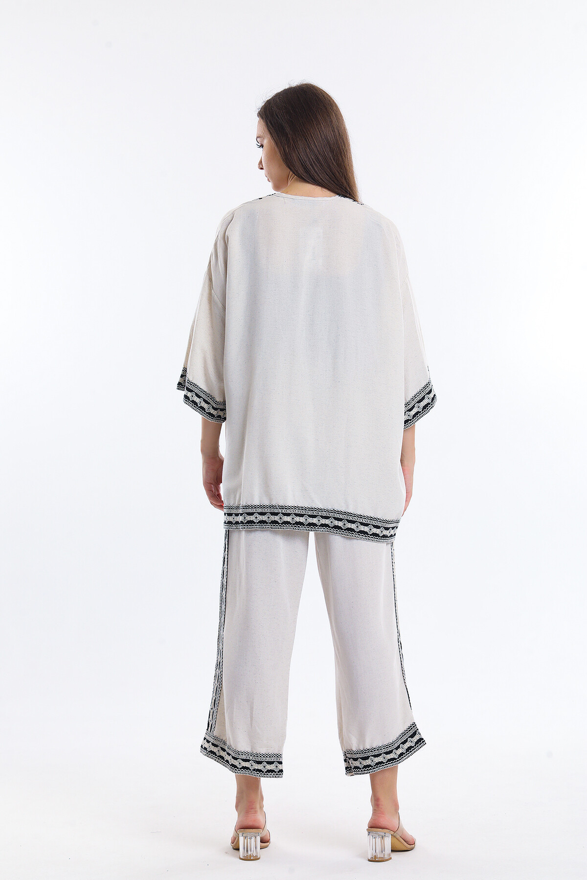 Şerit Detaylı Keten Kimona Takım