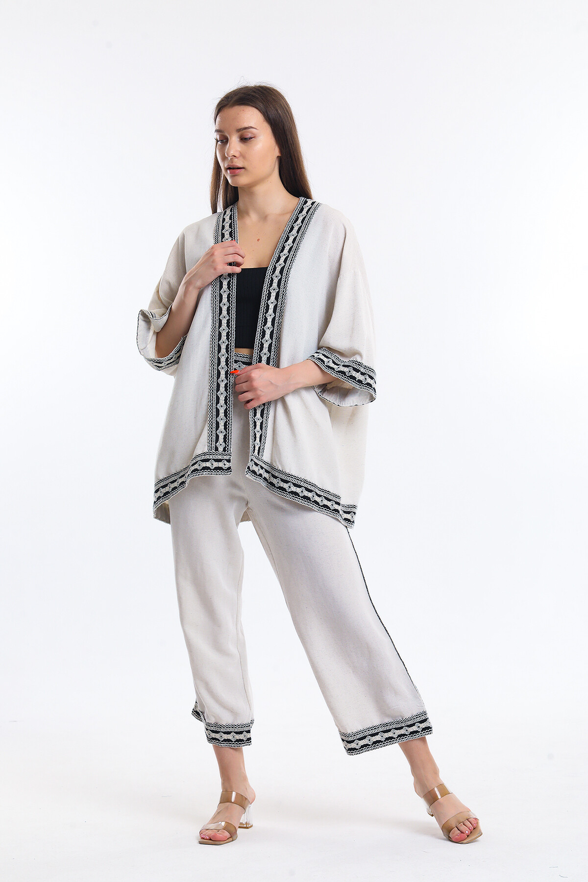 Şerit Detaylı Keten Kimona Takım