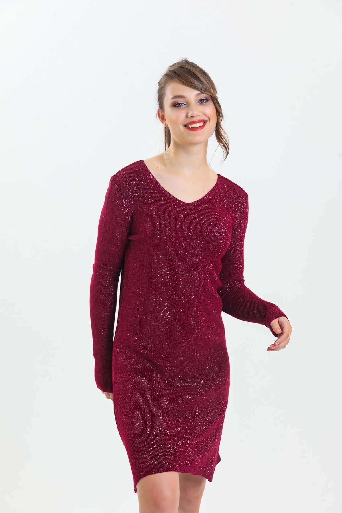 V Yaka Uzun Kol Simli Triko Elbise